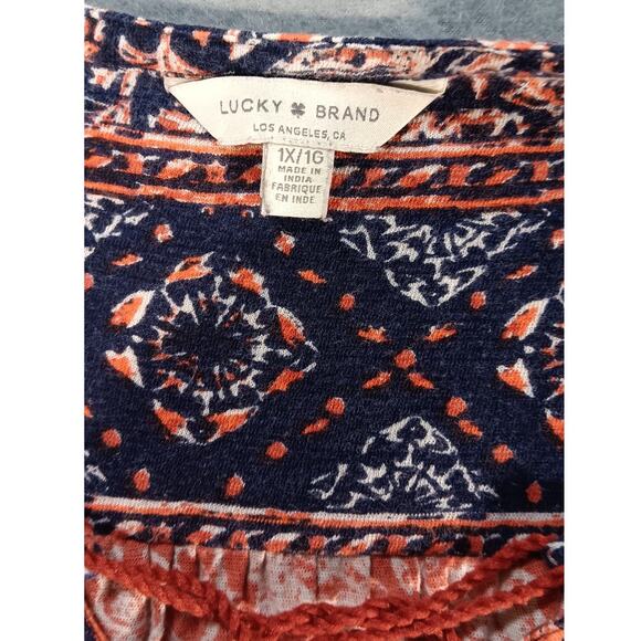 Lucky Brand Boho Peasant Top 1X Tassel Tie Floral Print Red Blue Festival Blouse - Picture 2 of 5